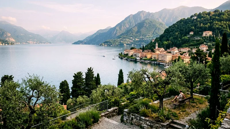 Lake Como shoreline with pastel villas, cypress trees and green mountains in morning haze.