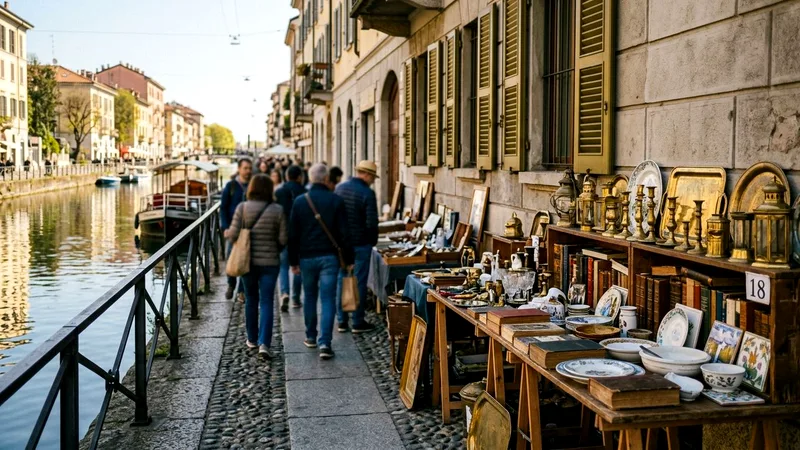 Antique market stalls with vintage goods along the Naviglio Grande canal.