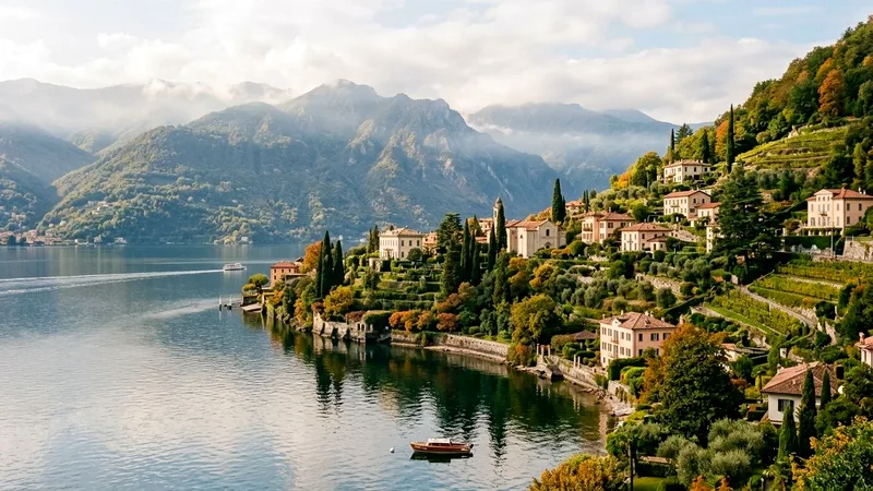 Calm Lake Como shoreline with olive trees, villas and misty mountains