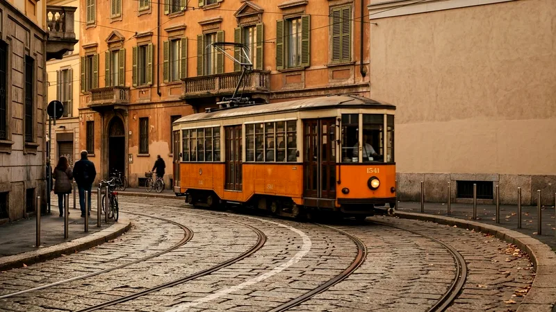 Vintage orange Milan tram turning on cobblestone street in warm afternoon light.